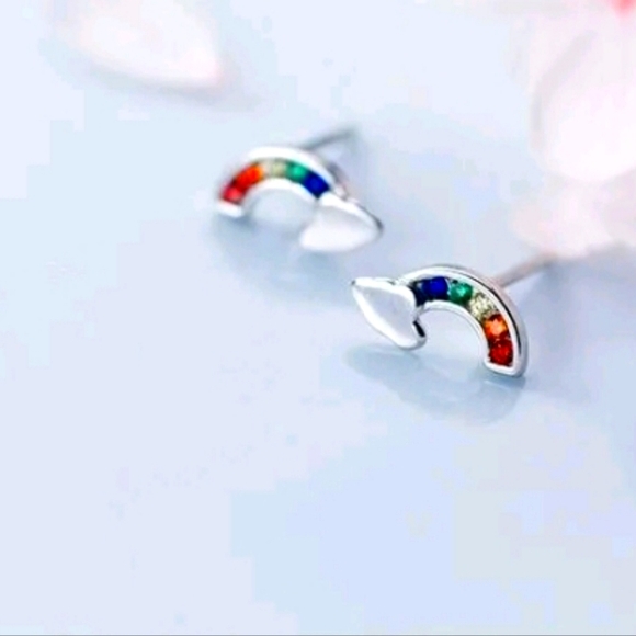 Rainbow Gemstones Silver S925 Cloud Stud Earrings - Picture 3 of 6